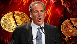 Peter Schiff vor Bitcoin-Münzen und rotem Hintergrund