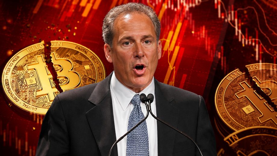 Peter Schiff vor Bitcoin-Münzen und rotem Hintergrund