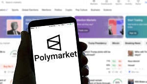Das Bild zeigt das Logo der Wettplattform Polymarket