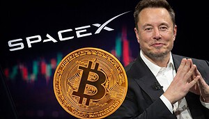 SpaceX-Logo, Bitcoin-Münze und Elon Musk vor Kurschart-Hintergrund