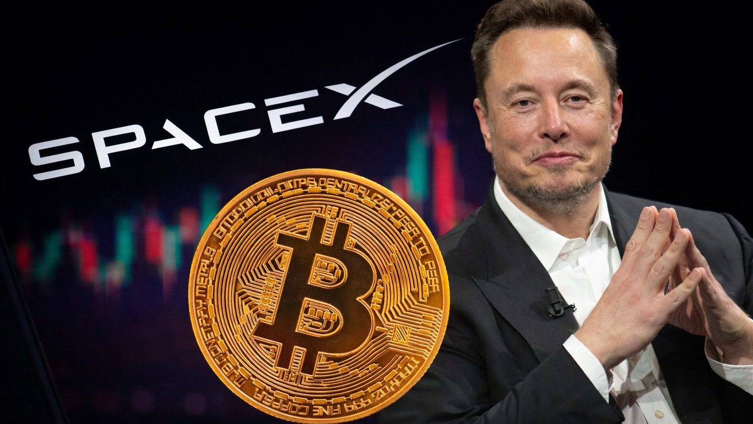 SpaceX-Logo, Bitcoin-Münze und Elon Musk vor Kurschart-Hintergrund