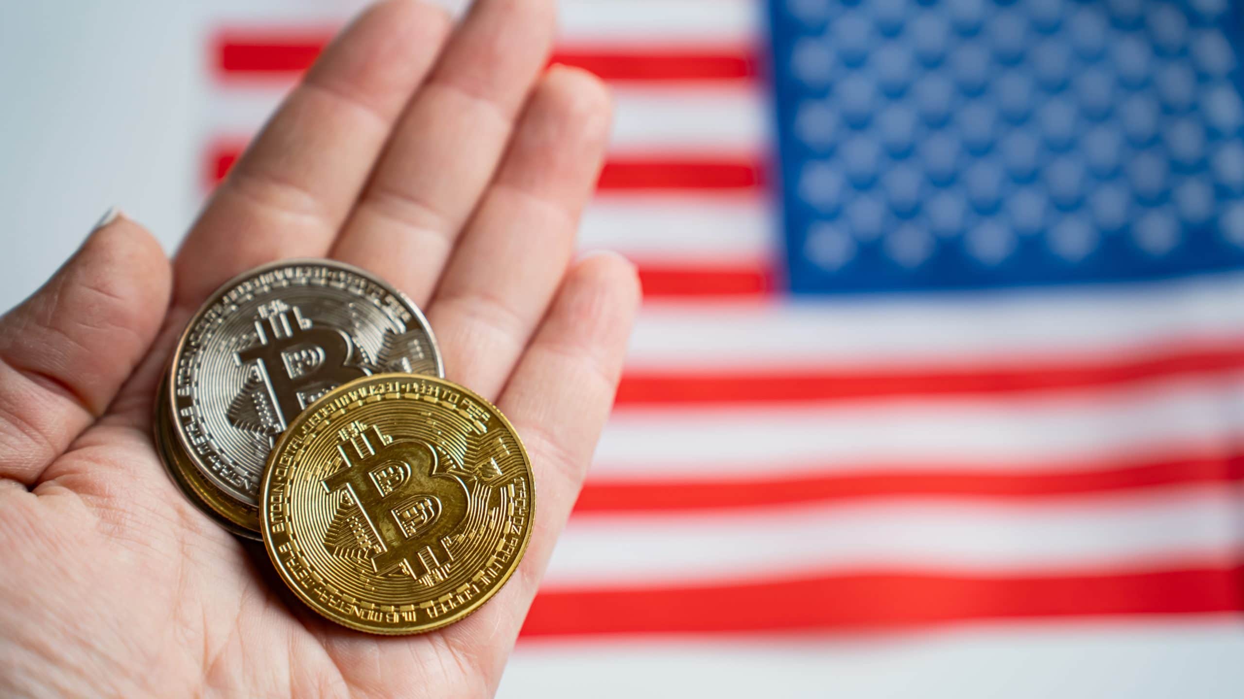Die Grafik zeigt Bitcoin-Münzen vor einer US-Flagge