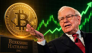 Warren Buffet vor Bitcoin-Münze