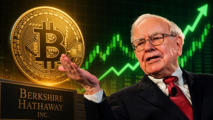 Warren Buffet vor Bitcoin-Münze