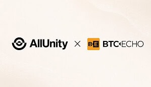 Vor einem hell, geblichen Hintergrund erkennt man zwei Formenlogos. Einmal von AllUnity und einmal von BTC-ECHO.