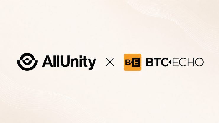 Vor einem hell, geblichen Hintergrund erkennt man zwei Formenlogos. Einmal von AllUnity und einmal von BTC-ECHO.