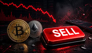 Eine Bitcoin-Münze und eine Ethereum-Münze stehen neben einem großen roten Sell-Button. Dahinter ist ein rötlicher Chart.