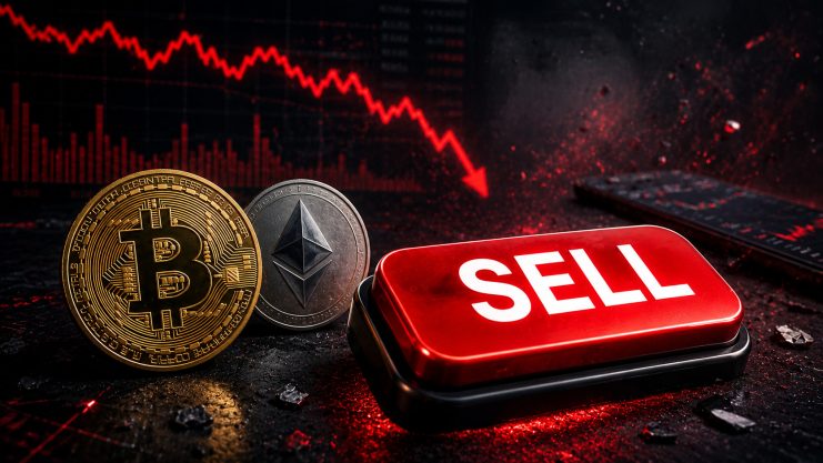 Eine Bitcoin-Münze und eine Ethereum-Münze stehen neben einem großen roten Sell-Button. Dahinter ist ein rötlicher Chart.