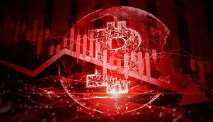 Rot eingefärbte Bitcoin-Grafik mit stark fallender Kurslinie und Candlestick-Chart. Das Bild visualisiert die Unsicherheit rund um einen möglichen erneuten Rückfall auf 60.000 US-Dollar.