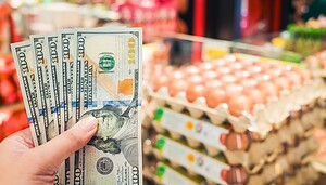 Das Bild zeigt die Hand mit Dollarscheinen und im Hintergrund sind Eier zu sehen.