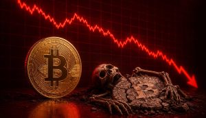 Roter Hintergrund mit einer Bitcoin-Münze und einem stark fallenden Kurschart. Die Darstellung symbolisiert einen massiven Bitcoin-Kursverlust und die Vorstellung eines ‚toten‘ Bitcoin-Marktes.