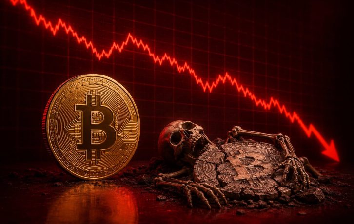 Roter Hintergrund mit einer Bitcoin-Münze und einem stark fallenden Kurschart. Die Darstellung symbolisiert einen massiven Bitcoin-Kursverlust und die Vorstellung eines ‚toten‘ Bitcoin-Marktes.