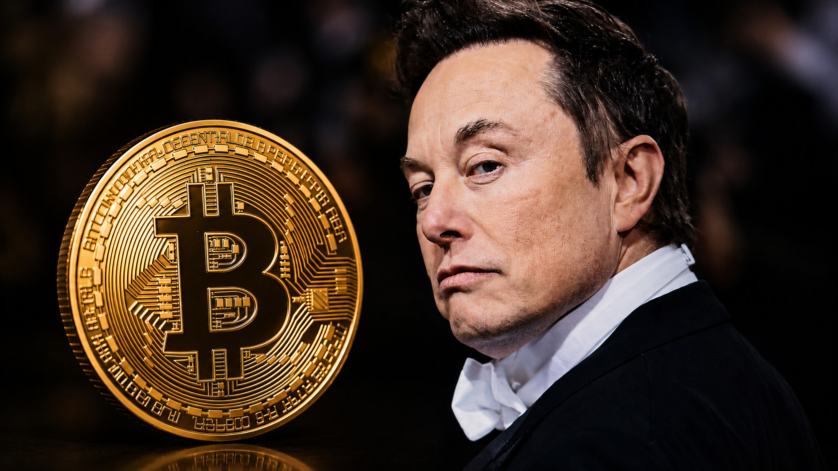SpaceX-Chef Elon Musk neben einer Bitcoin-Münze.