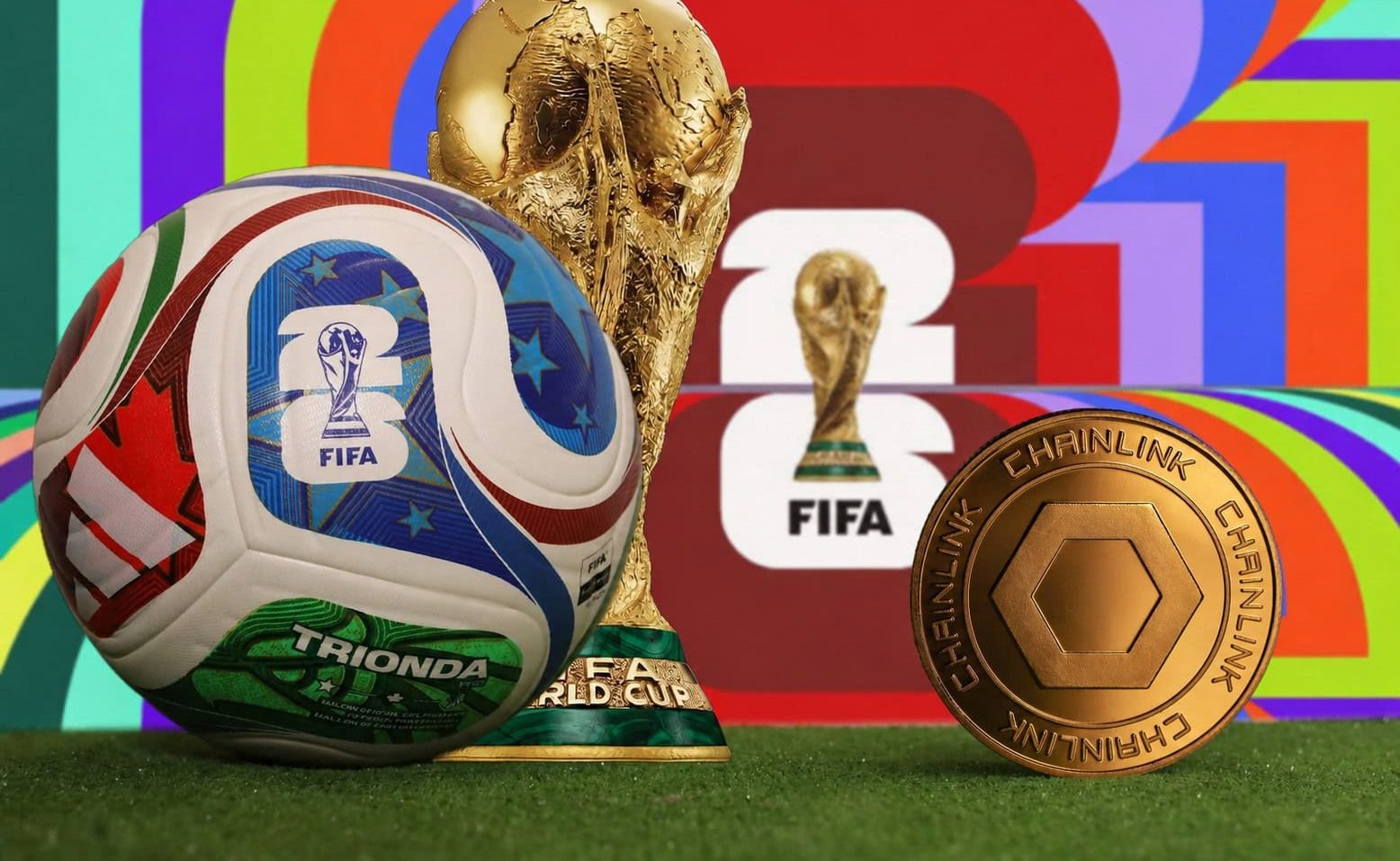 Ein offizieller FIFA-Weltmeisterschaftspokal und ein Fußball stehen auf grünem Rasen vor einem farbenfrohen FIFA-Hintergrund. Rechts daneben ist eine goldene Chainlink-Münze (LINK) platziert. Die Komposition verbindet die Fußball-Weltmeisterschaft mit der Blockchain- und Kryptowelt und symbolisiert die mögliche Rolle von Chainlink im Sport- und Technologiebereich.