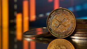 Eine XRP-Münze vor einem Chart.