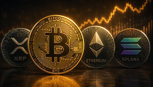 Das Bild zeigt eine Bitcoin-Münze und Altcoin-Münzen