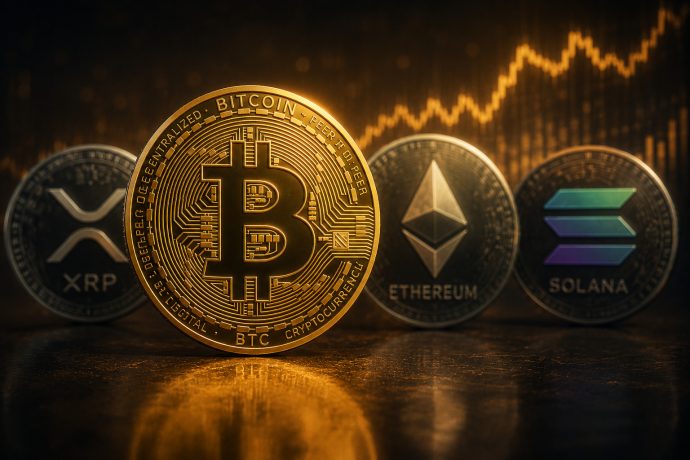 Das Bild zeigt eine Bitcoin-Münze und Altcoin-Münzen