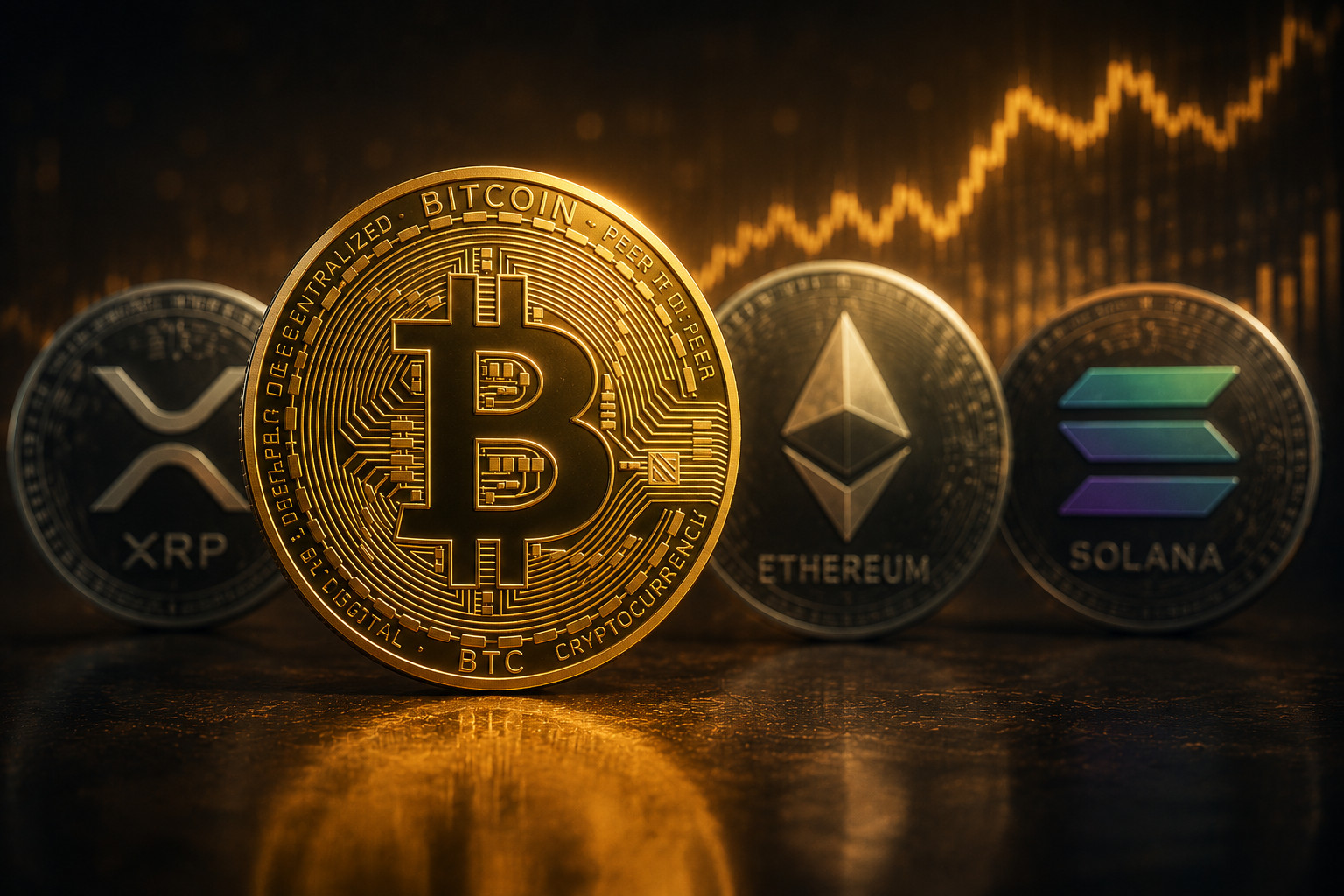 Das Bild zeigt eine Bitcoin-Münze und Altcoin-Münzen