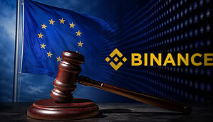 Binance-Symbol, Richterhammer und EU-Fahne im Hintergrund