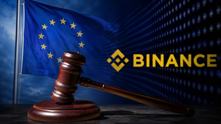 Binance-Symbol, Richterhammer und EU-Fahne im Hintergrund