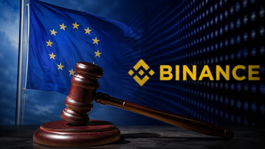 Binance-Symbol, Richterhammer und EU-Fahne im Hintergrund