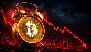 Ein Bitcoin in Form eines Weckers steht vor einem fallenden roten Kurs-Chart.