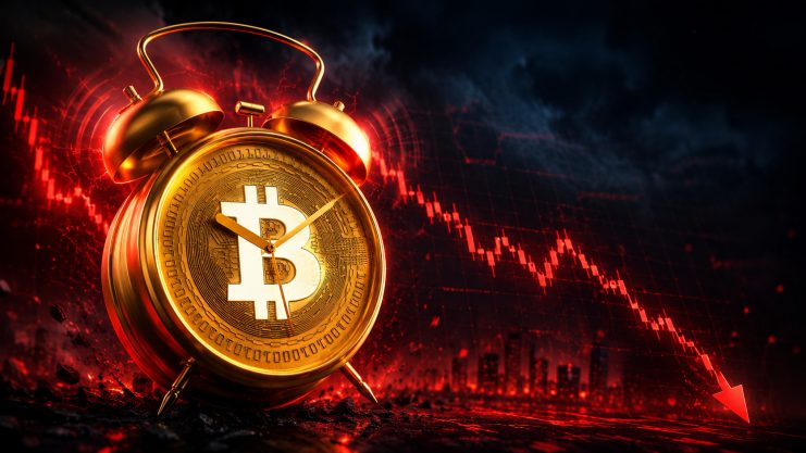 Ein Bitcoin in Form eines Weckers steht vor einem fallenden roten Kurs-Chart.