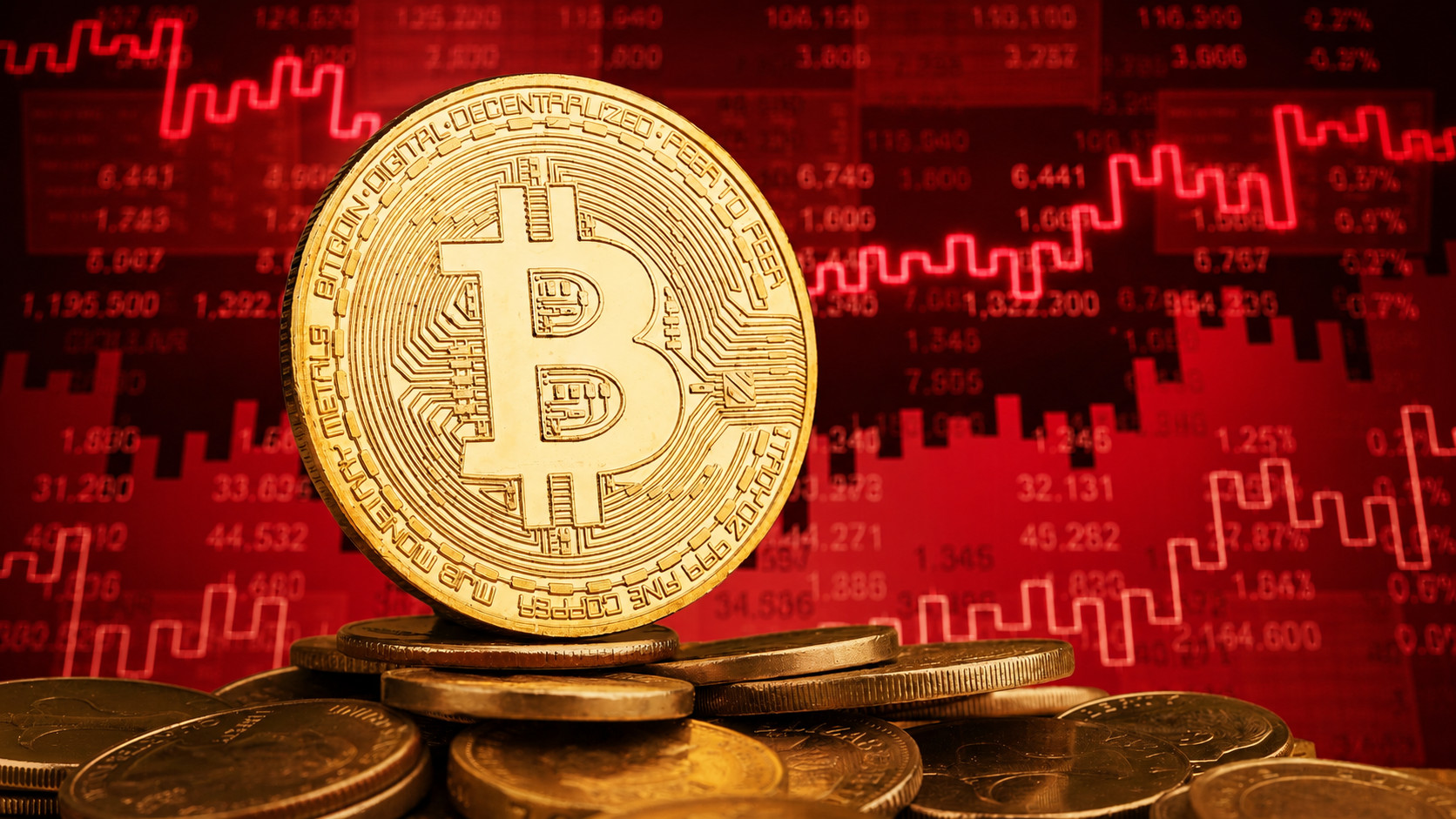 Eine Bitcoin-Münze vor rotem Hintergrund.