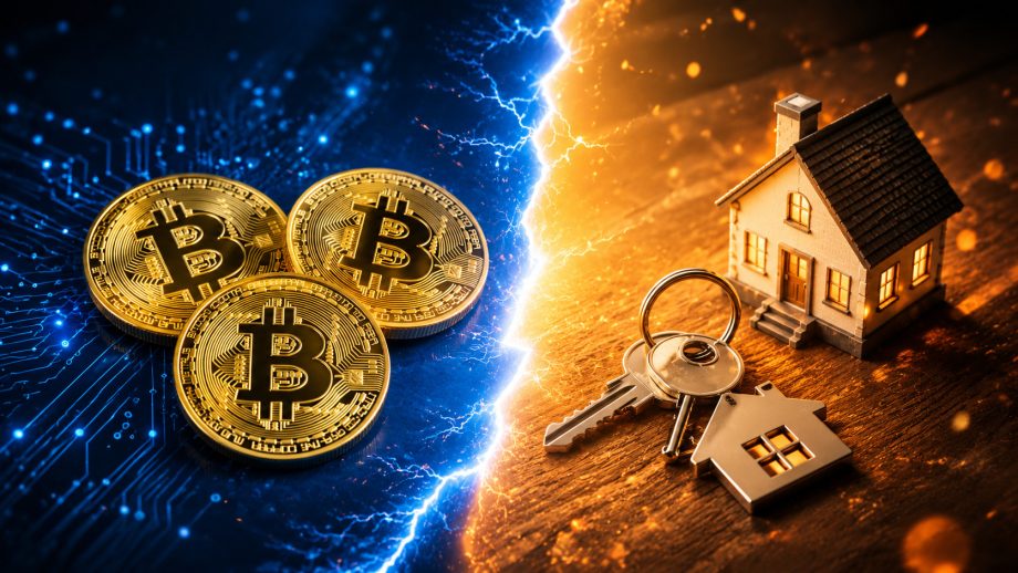 Bitcoin-Münzen (links) und ein Häusersymbol samt Hausschlüssel (rechts)