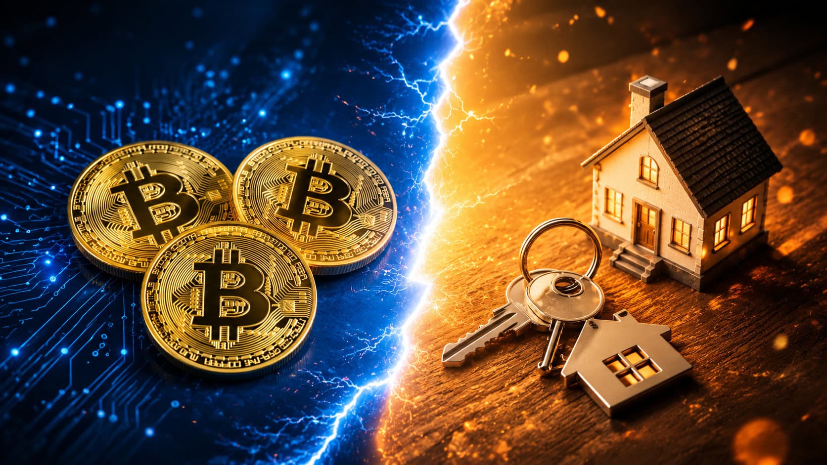 Bitcoin-Münzen (links) und ein Häusersymbol samt Hausschlüssel (rechts)