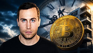 Leon Wankum steht vor einer Uhr, einer Bitcoin-Münze und einer Immobilie