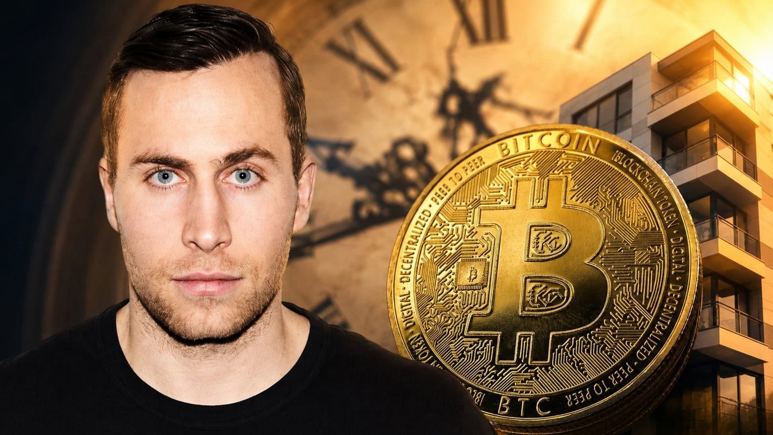 Leon Wankum vor einer Uhr, einer Bitcoin-Münze und einer Immobilie