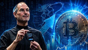 Steve Jobs vor einem Bitcoin-Symbol