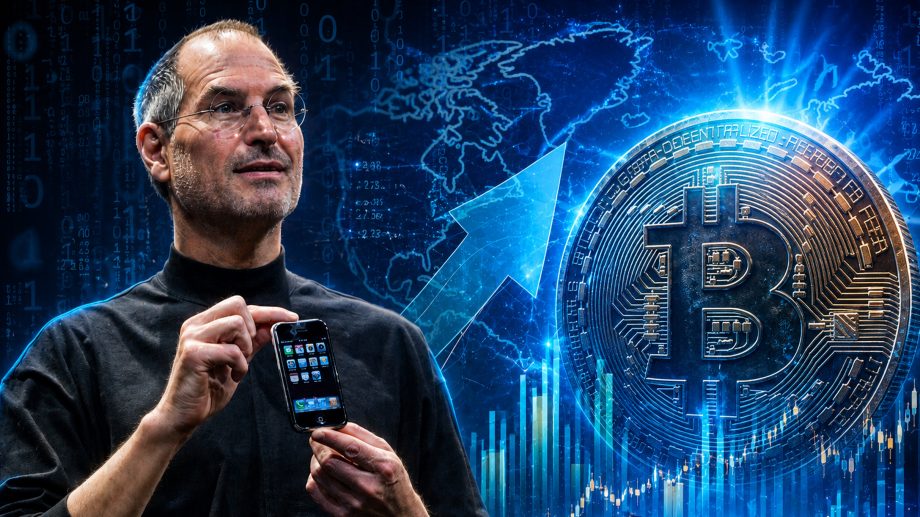 Steve Jobs vor einem Bitcoin-Symbol
