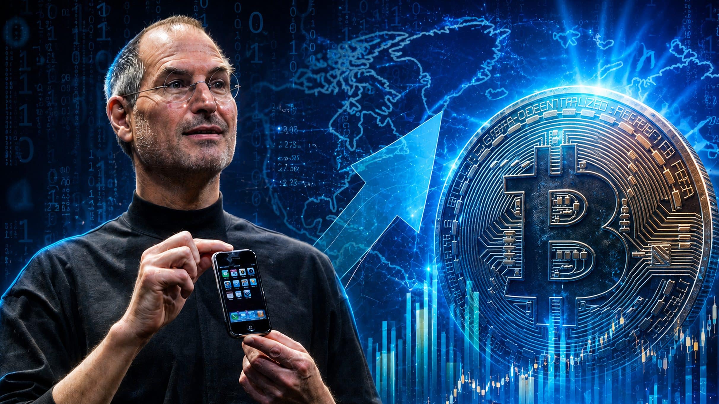 Steve Jobs vor einem Bitcoin-Symbol
