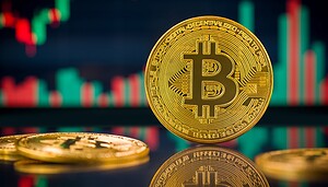 Eine Bitcoin-Münze vor einem Kurschart.