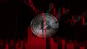 Eine rote Bitcoin-Münze