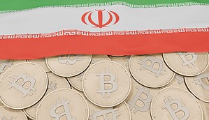 Das Bild zeigt eine iranische Flagge und Bitcoin-Münzen