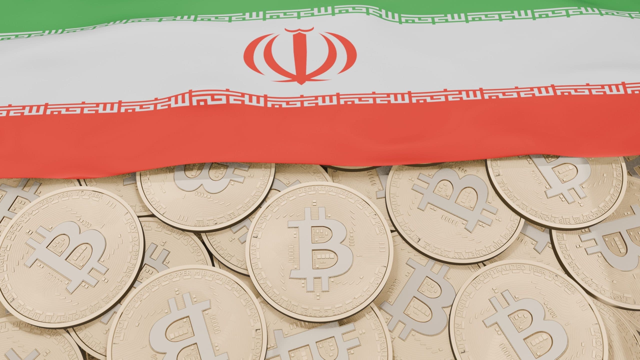 Das Bild zeigt eine iranische Flagge und Bitcoin-Münzen