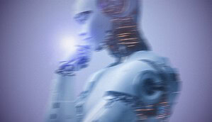 Das Bild zeigt einen humanoiden Roboter in Seitenansicht. Die Figur wirkt bewusst unscharf und leicht verschwommen, wodurch ein futuristischer und abstrakter Eindruck entsteht.