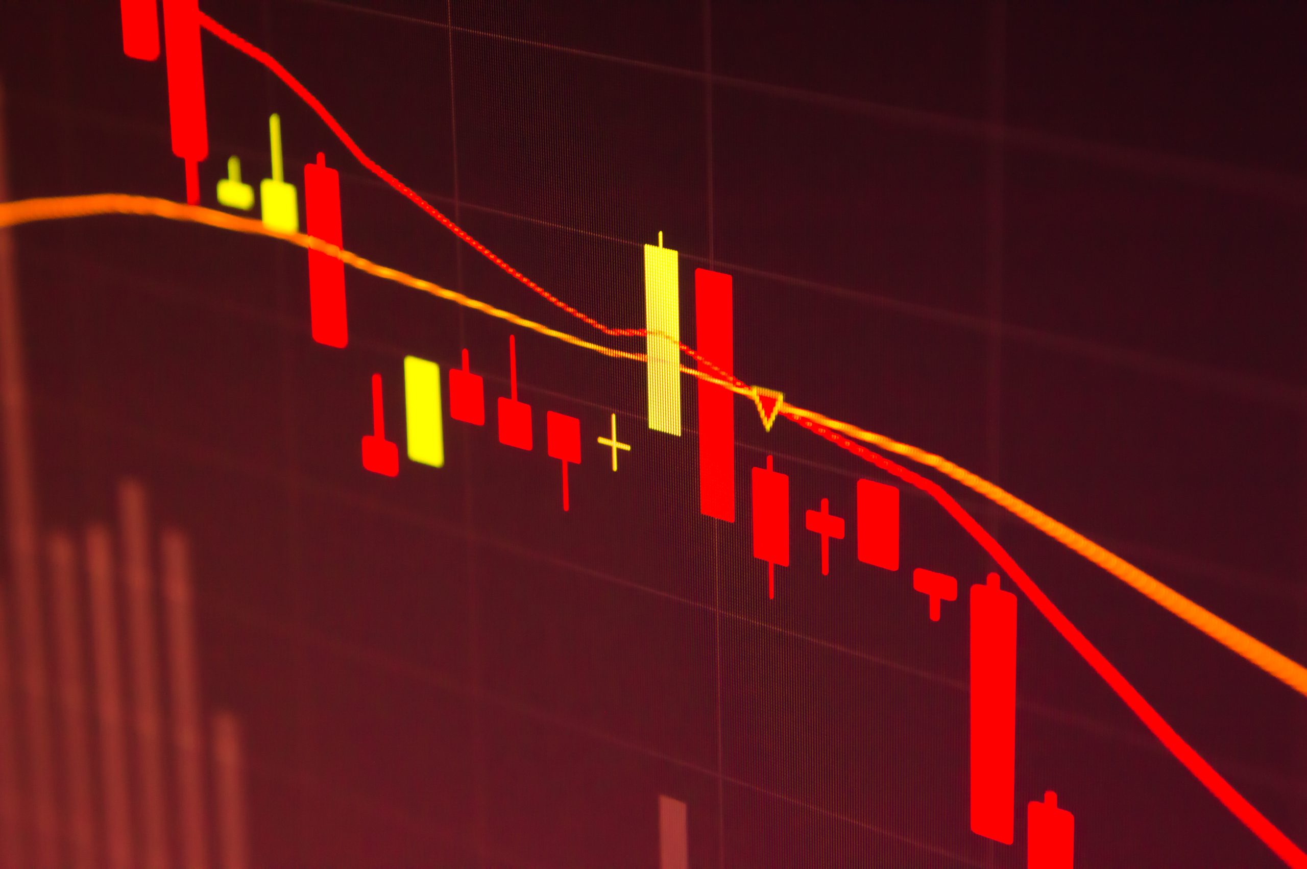 Das Bild zeigt einen stark fallenden Kurschart auf einem Bildschirm. Dominant sind rote Candlesticks, die einen anhaltenden Abwärtstrend visualisieren. Zwei gleitende Durchschnittslinien verlaufen ebenfalls nach unten und unterstreichen die negative Kursentwicklung. Der Hintergrund ist in dunklen Rot- und Schwarztönen gehalten, wodurch die roten Kurskerzen besonders hervorstechen.