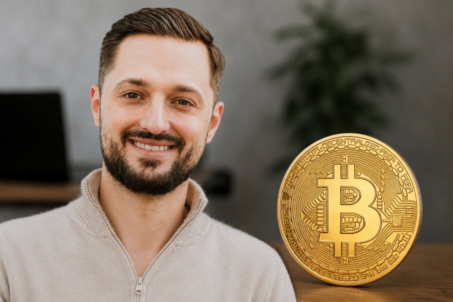 Das Bild zeigt Frederik Dürr und eine Bitcoin-Münze