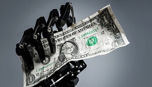 Eine Roboterhand hält einen Dollarschein