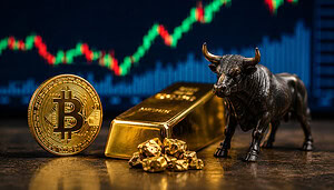 Das Bild zeigt eine Bitcoin-Münze, Goldbarren und ein Aktienkurs im Hintergrund