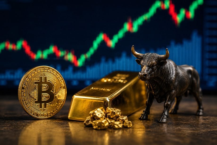 Das Bild zeigt eine Bitcoin-Münze, Goldbarren und ein Aktienkurs im Hintergrund