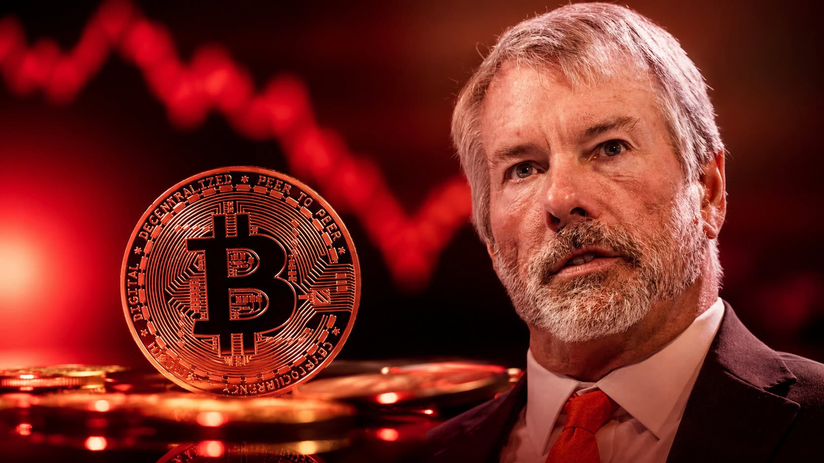 Michael Saylor vor Bitcoin-Münze und rotem Hintergrund