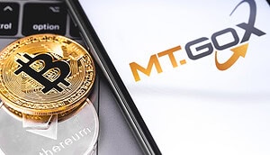 Das Bild zeigt das Mt.-Gox-Logo neben einer Bitcoin- und einer Ethereum-Münze