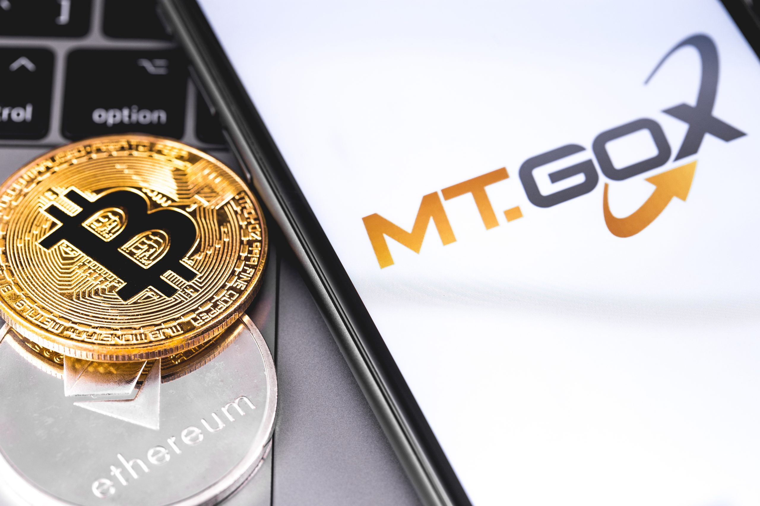 Das Bild zeigt das Mt.-Gox-Logo neben einer Bitcoin- und einer Ethereum-Münze