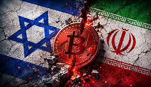 Die Flagge Israels und die des Iran stehen sich gegenüber. In der Mitte ist eine Bitcoin-Münze.