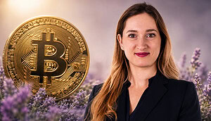 Lisa Tscherry von SatoShe vor einer Bitcoin-Münze